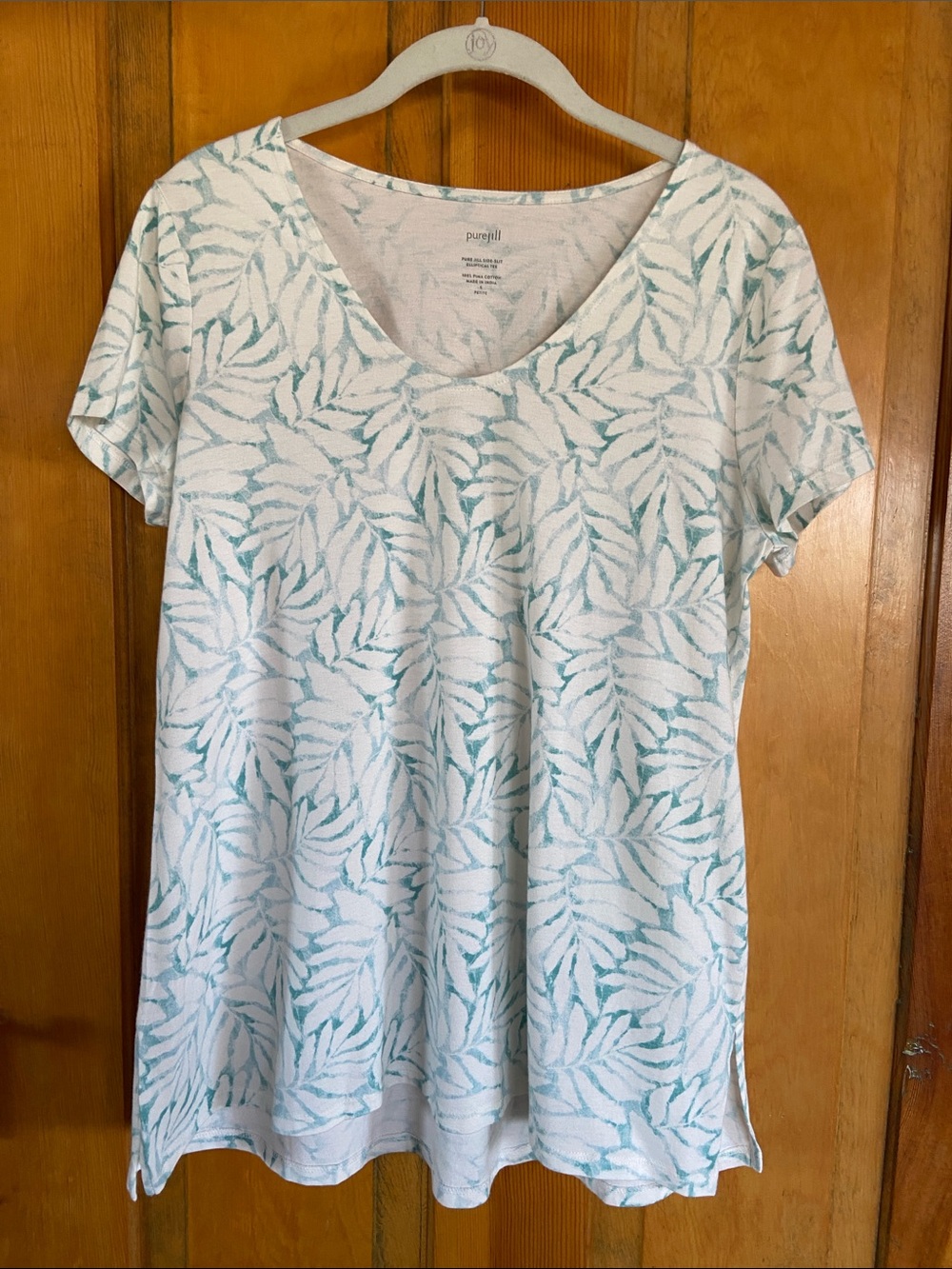 J. Jill White Tee with Teal Leaf Print